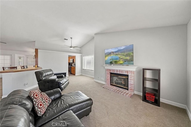 27175 Via Debra, Menifee, CA 92586 - living room with a ceiling fan, baseboards, lofted ceiling, carpet floors, and a fireplace