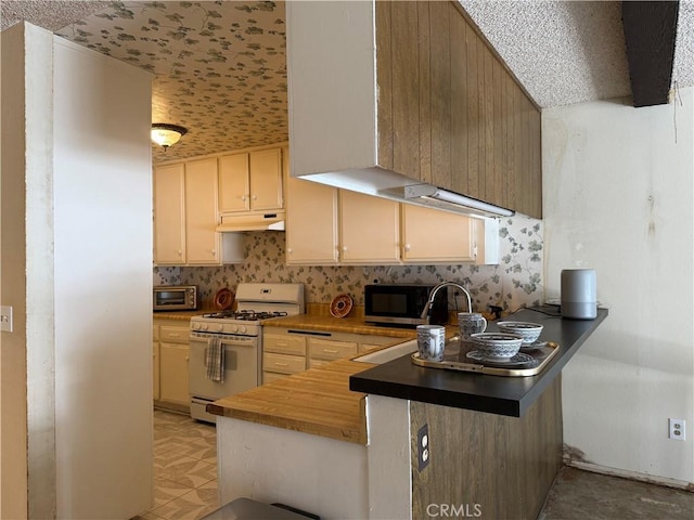 9025 Willis Ave Unit 141, Panorama City, CA 91402 - kitchen featuring white range with gas cooktop, under cabinet range hood, a peninsula, black microwave, and tasteful backsplash