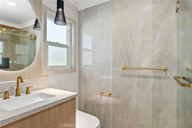 17174 Santa Madrina St, Fountain Valley, CA 92708 - full bathroom with ornamental molding, a shower stall, backsplash, toilet, and vanity