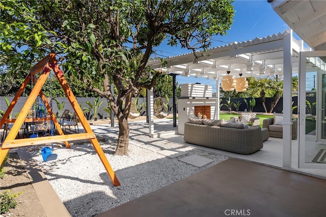 17174 Santa Madrina St, Fountain Valley, CA 92708 - fenced backyard with a playground, outdoor lounge area, a pergola, and a patio