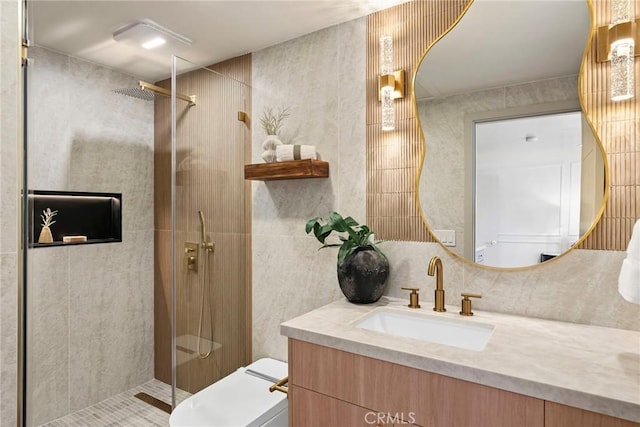 17174 Santa Madrina St, Fountain Valley, CA 92708 - bathroom featuring tile walls, tiled shower, toilet, and vanity