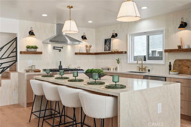 17174 Santa Madrina St, Fountain Valley, CA 92708 - kitchen featuring open shelves, a sink, a center island, light countertops, and recessed lighting