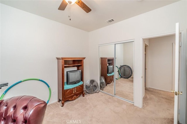 13932 Pinellia St, Hesperia, CA 92344 - interior space featuring light colored carpet, a closet, and ceiling fan