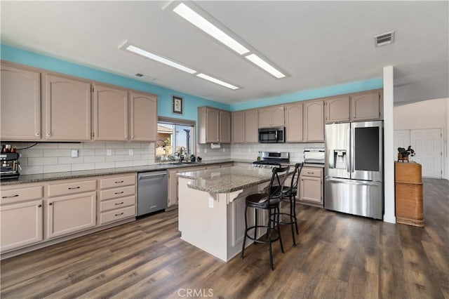 kitchen with stainless steel appliances, a breakfast bar, a sink, a center island, and decorative backsplash