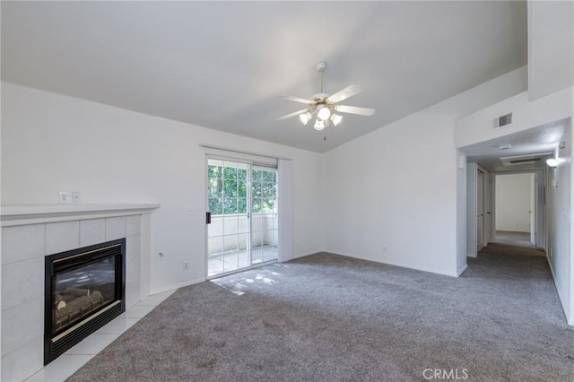 1542 E Alluvial Ave Unit 258, Fresno, CA 93720 - unfurnished living room featuring a fireplace, light carpet, and ceiling fan