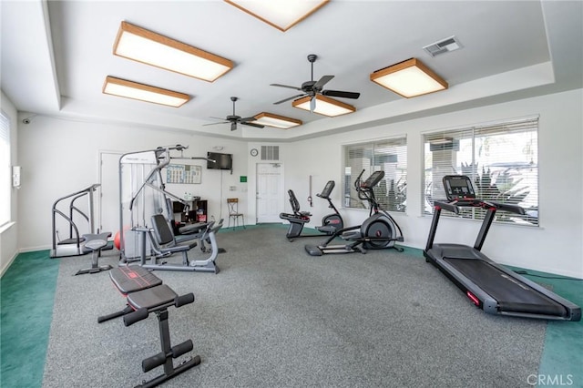 1542 E Alluvial Ave Unit 258, Fresno, CA 93720 - workout area featuring a raised ceiling, ceiling fan, and carpet flooring