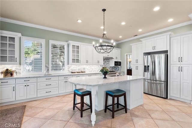 1444 Upland Hills Dr N, Upland, CA 91784 - kitchen featuring stainless steel fridge with ice dispenser, decorative backsplash, a chandelier, a kitchen bar, and recessed lighting