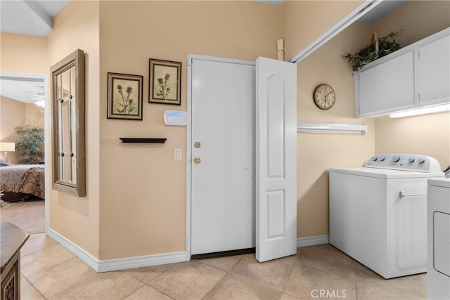 1444 Upland Hills Dr N, Upland, CA 91784 - laundry area with separate washer and dryer, cabinet space, light tile patterned flooring, baseboards, and ceiling fan