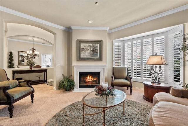 1444 Upland Hills Dr N, Upland, CA 91784 - living room with a glass covered fireplace, crown molding, a chandelier, carpet floors, and baseboards