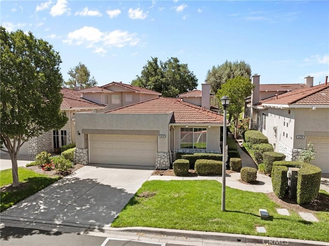 1444 Upland Hills Dr N, Upland, CA 91784 - view of front of property with a garage, stucco siding, concrete driveway, stone siding, and a front lawn