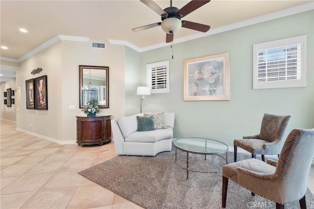 1444 Upland Hills Dr N, Upland, CA 91784 - sitting room featuring tile patterned flooring, baseboards, crown molding, ceiling fan, and recessed lighting