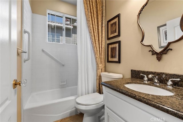 1444 Upland Hills Dr N, Upland, CA 91784 - bathroom featuring vanity, shower / tub combo with curtain, and toilet