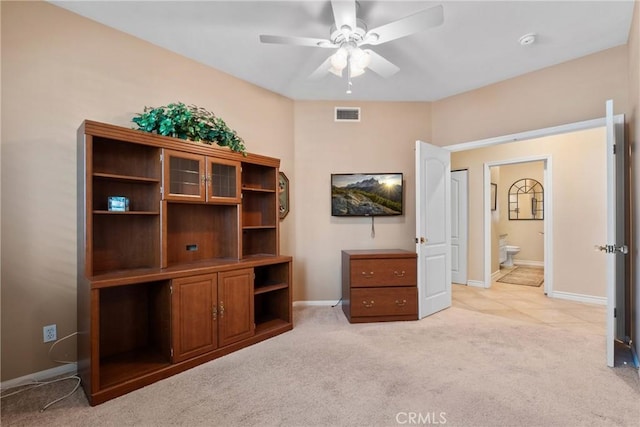 1444 Upland Hills Dr N, Upland, CA 91784 - bedroom with light colored carpet, baseboards, ensuite bath, and ceiling fan