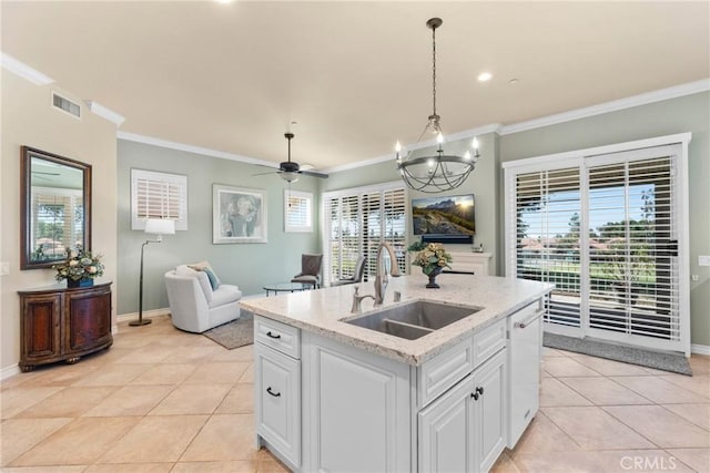 1444 Upland Hills Dr N, Upland, CA 91784 - kitchen with a sink, crown molding, light tile patterned floors, and baseboards