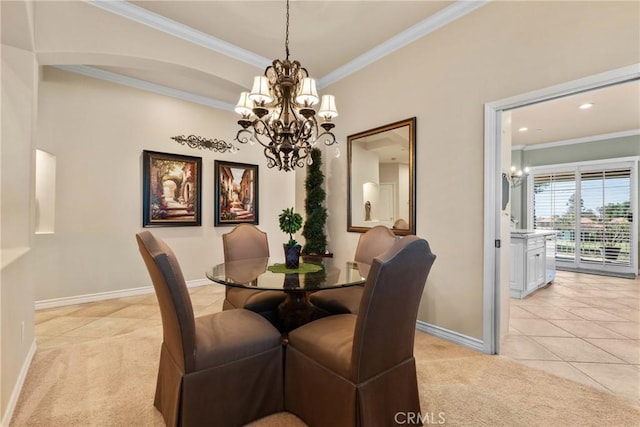 1444 Upland Hills Dr N, Upland, CA 91784 - dining space featuring a chandelier, crown molding, light carpet, baseboards, and recessed lighting
