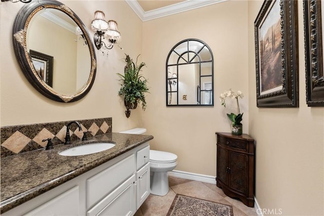 1444 Upland Hills Dr N, Upland, CA 91784 - bathroom featuring crown molding, vanity, toilet, baseboards, and backsplash