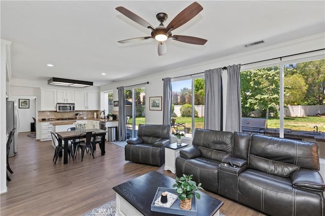 42276 Camino Merano, Temecula, CA 92592 - living area featuring ceiling fan, ornamental molding, wood finished floors, and recessed lighting
