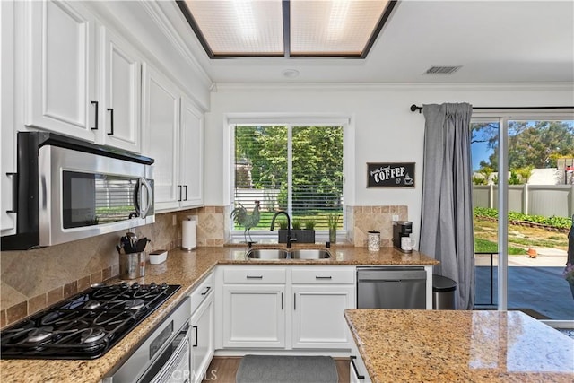 42276 Camino Merano, Temecula, CA 92592 - kitchen featuring a sink, stainless steel appliances, white cabinets, light stone counters, and ornamental molding