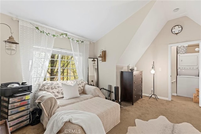 29613 Hook Creek Rd, Cedar Glen, CA 92321 - bedroom featuring stacked washing machine and dryer, carpet flooring, vaulted ceiling, and baseboards