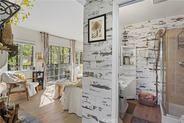 29613 Hook Creek Rd, Cedar Glen, CA 92321 - bathroom with wood finished floors and a shower stall