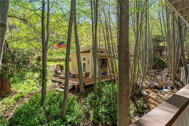 29613 Hook Creek Rd, Cedar Glen, CA 92321 - exterior space with a wooden deck and an outbuilding