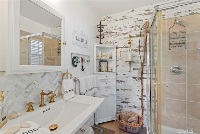 29613 Hook Creek Rd, Cedar Glen, CA 92321 - full bath with a shower stall, backsplash, wood finished floors, and a sink