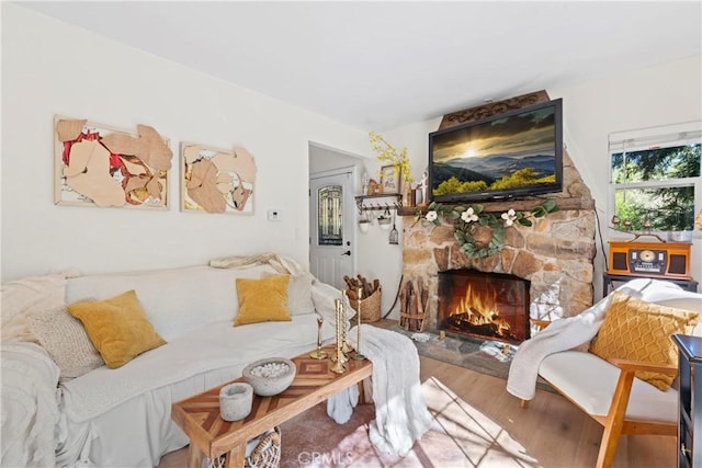 29613 Hook Creek Rd, Cedar Glen, CA 92321 - living room with wood finished floors and a fireplace