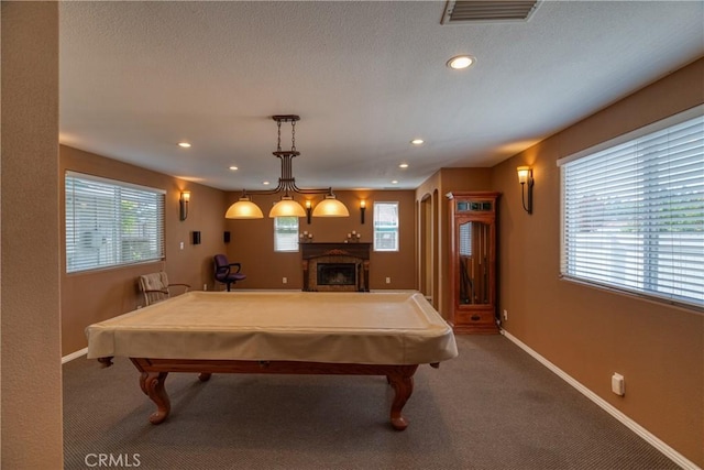 10049 Langdon, Mission Hills San Fernando, CA 91345 - rec room with billiards, carpet floors, a fireplace, and recessed lighting