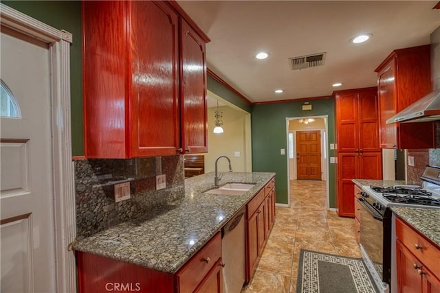 10049 Langdon, Mission Hills San Fernando, CA 91345 - kitchen with black range with gas stovetop, wall chimney range hood, stainless steel dishwasher, backsplash, and reddish brown cabinets