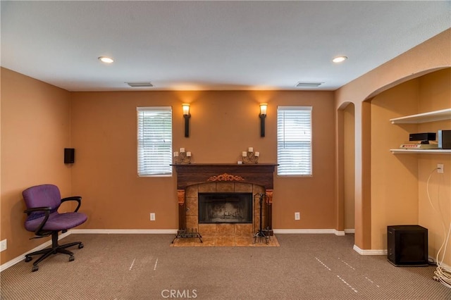10049 Langdon, Mission Hills San Fernando, CA 91345 - unfurnished living room with a fireplace, carpet floors, plenty of natural light, recessed lighting, and arched walkways