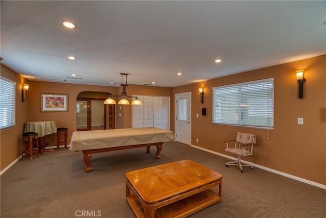 10049 Langdon, Mission Hills San Fernando, CA 91345 - rec room featuring billiards, arched walkways, recessed lighting, plenty of natural light, and carpet
