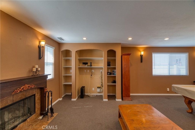 10049 Langdon, Mission Hills San Fernando, CA 91345 - carpeted living area with a fireplace, recessed lighting, built in shelves, and billiards