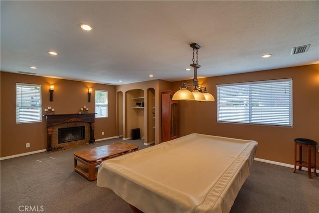 10049 Langdon, Mission Hills San Fernando, CA 91345 - game room with billiards, recessed lighting, carpet flooring, a fireplace, and arched walkways