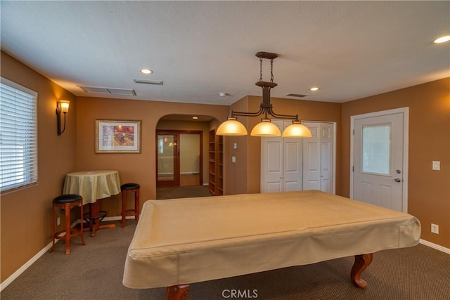 10049 Langdon, Mission Hills San Fernando, CA 91345 - rec room featuring billiards, arched walkways, carpet floors, and recessed lighting