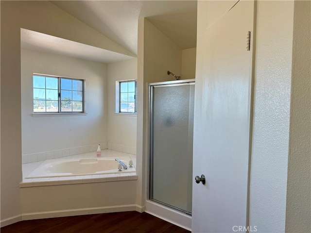 15620 Smoke Tree St, Hesperia, CA 92345 - bathroom featuring a shower stall, a bath, wood finished floors, and lofted ceiling