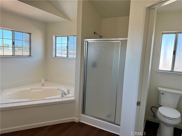 15620 Smoke Tree St, Hesperia, CA 92345 - full bathroom featuring a shower stall, a bath, and wood finished floors