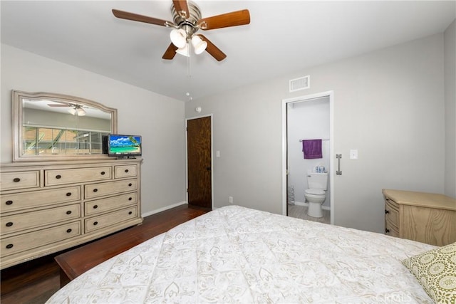 261 E Fig Ave, Monrovia, CA 91016 - bedroom featuring dark wood finished floors, connected bathroom, baseboards, and a ceiling fan