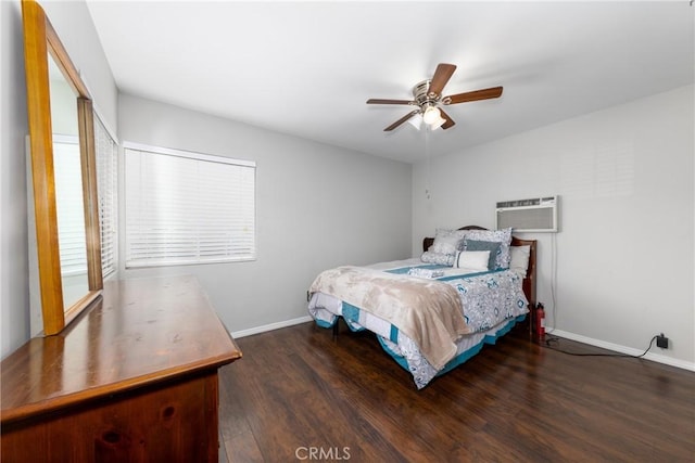 261 E Fig Ave, Monrovia, CA 91016 - bedroom featuring wood finished floors, a wall unit AC, baseboards, and ceiling fan