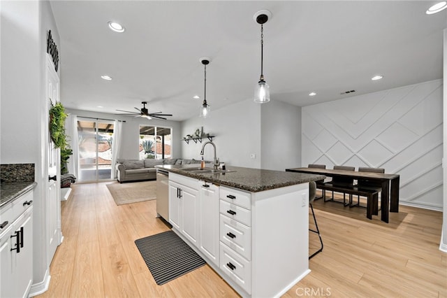 27286 Wedgewood Way, Murrieta, CA 92562 - kitchen with a sink, open floor plan, dishwasher, light wood-type flooring, and recessed lighting
