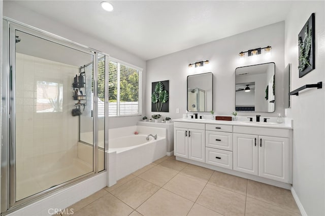 27286 Wedgewood Way, Murrieta, CA 92562 - full bath featuring a bath, a stall shower, tile patterned floors, double vanity, and a ceiling fan