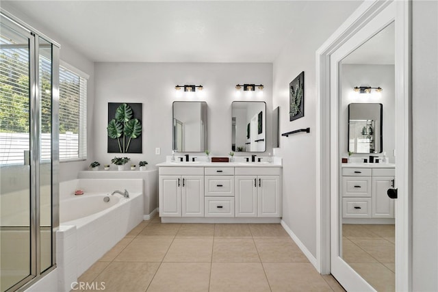 27286 Wedgewood Way, Murrieta, CA 92562 - full bath featuring a garden tub, tile patterned floors, double vanity, a shower with shower door, and baseboards