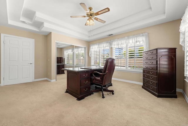 30700 Spyglass Way, Canyon Lake, CA 92587 - office space featuring a raised ceiling, a ceiling fan, baseboards, and light carpet