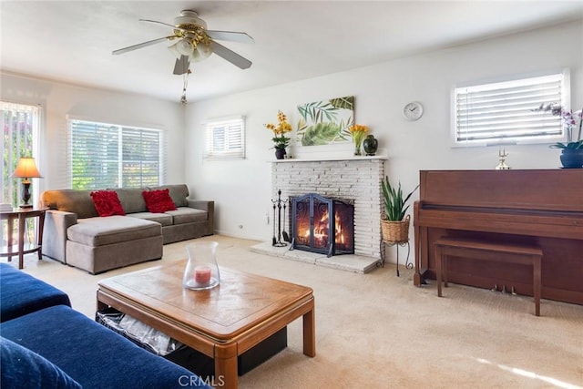 946 W 9th St, Corona, CA 92882 - living area featuring ceiling fan, carpet, and a fireplace