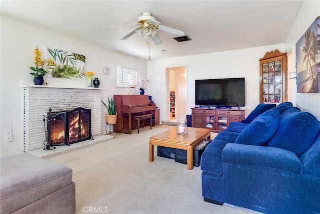 946 W 9th St, Corona, CA 92882 - living room with a ceiling fan, carpet floors, and a brick fireplace