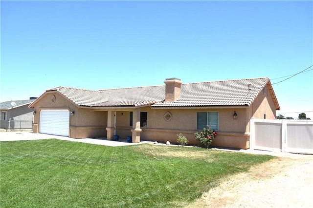 8065 Oxford Ave, Hesperia, CA 92345 - ranch-style house featuring a chimney, a garage, stucco siding, and a tiled roof
