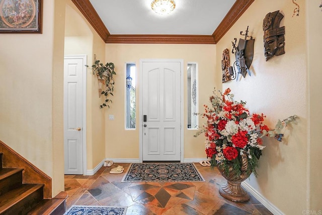 7132 Torrey Mesa Ct, San Diego, CA 92129 - foyer entrance featuring ornamental molding, stairway, stone finish floors, and baseboards