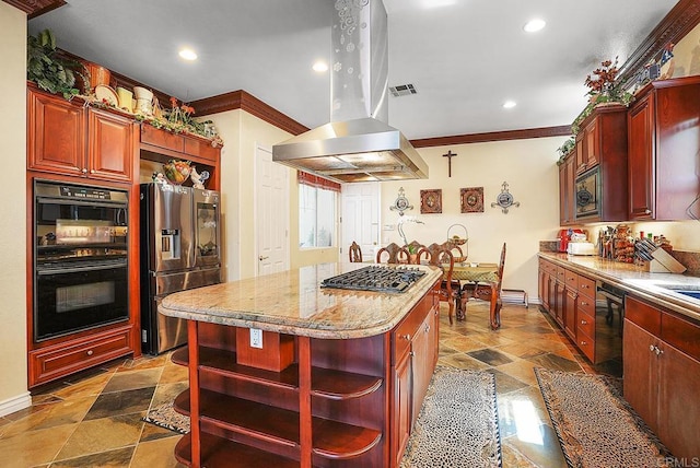 7132 Torrey Mesa Ct, San Diego, CA 92129 - kitchen featuring black appliances, open shelves, crown molding, island range hood, and stone tile floors