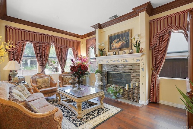 7132 Torrey Mesa Ct, San Diego, CA 92129 - living room featuring hardwood / wood-style flooring, baseboards, crown molding, and a fireplace