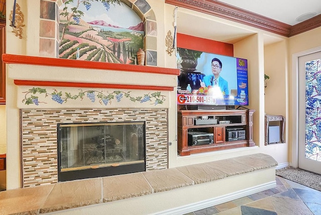 7132 Torrey Mesa Ct, San Diego, CA 92129 - living room with a tiled fireplace, stone finish floors, crown molding, and baseboards