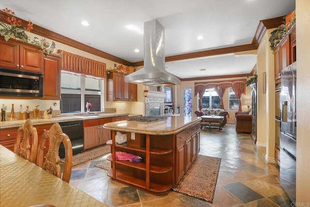 7132 Torrey Mesa Ct, San Diego, CA 92129 - kitchen with appliances with stainless steel finishes, crown molding, island exhaust hood, open floor plan, and open shelves